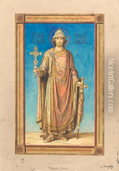 Design For An Icon Of St. Alexandernevsky Oil Painting - Vasily Andreevich Barvitov