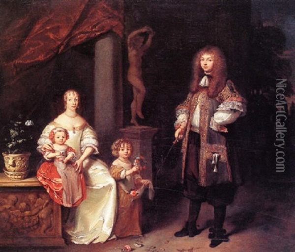 Portrait Of A Couple With Their Two Children In A Garden Oil Painting - Caspar Netscher