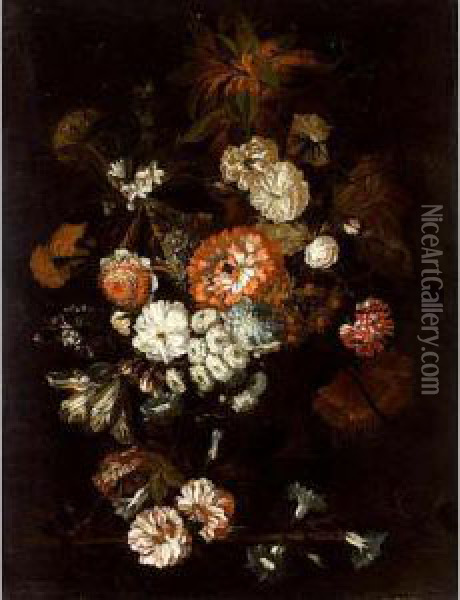 A Still Life Of Roses, 
Carnations, Anemonies And Other Flowers, All In A Vase On A Wooden Ledge Oil Painting - Jan-baptist Bosschaert