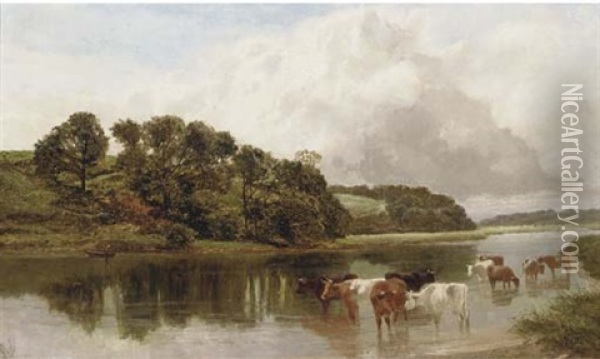 Cattle Watering On A Summer's Day Oil Painting - James Peel