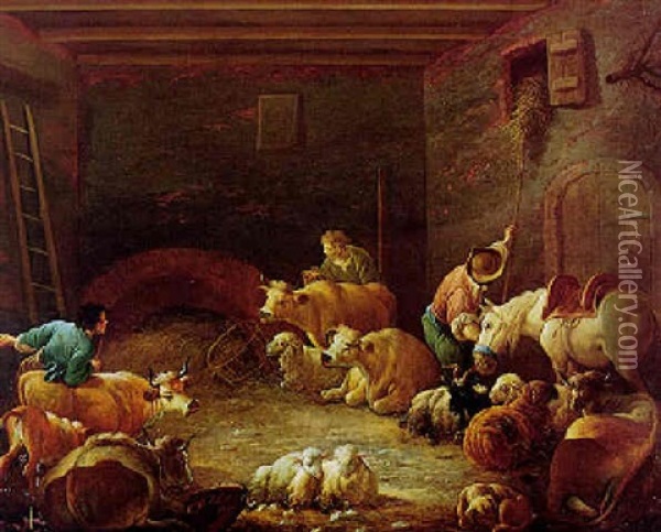 Interior Of A Barn With Peasants And Animals Oil Painting - Giuseppe De Gobbis