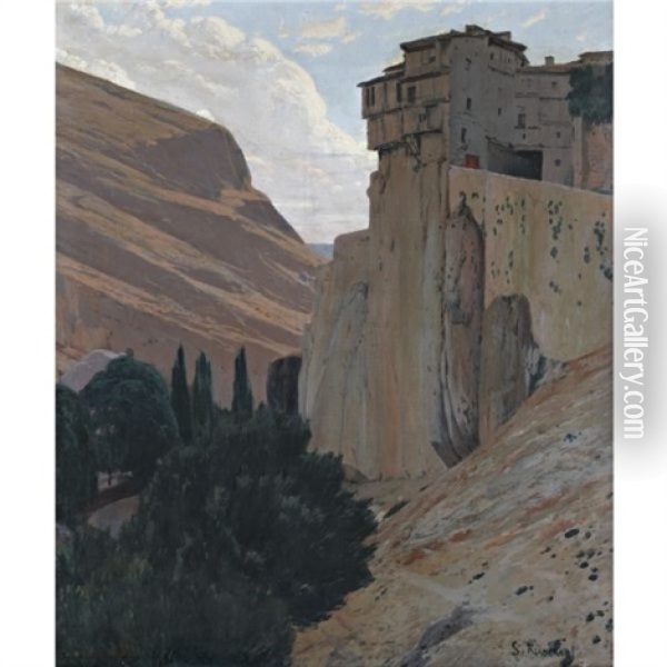 Casas Colgantes, Cuenca (the Hanging Houses, Cuenca) Oil Painting - Santiago Rusinol