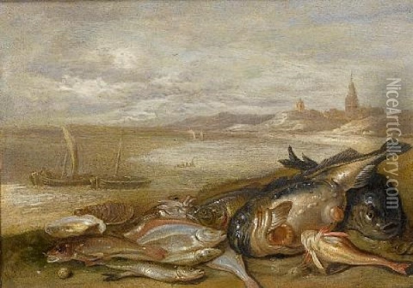 A Still Life Of Various Fish And Crustacea On A Beach Oil Painting - Jan van Kessel the Elder