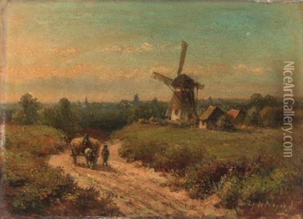 Harvesters On A Sandy Track By A Windmill Oil Painting - Lodewijk Johannes Kleijn