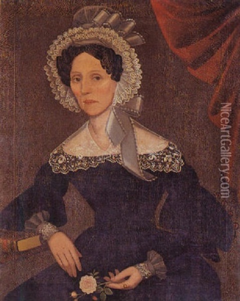 Portrait Of A Dark-haired Lady With Ruffled Eyelet Bonnet, Lace Collar And Cuffs Holding A Rose Oil Painting - Ammi Phillips