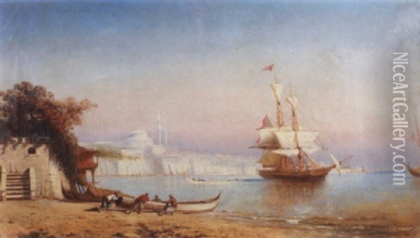 A View Of Istanbul With Ships In The Foreground Oil Painting - Paul Charles Emmanuel Gallard-Lepinay