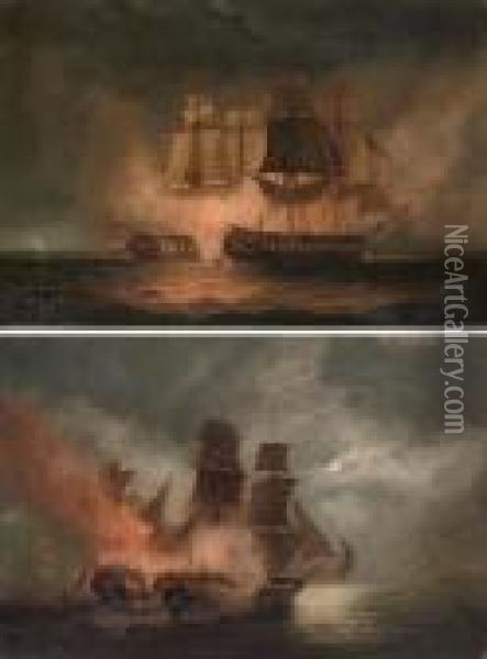 Two Classic Napoleonic Frigate Actions Oil Painting - Robert Dodd
