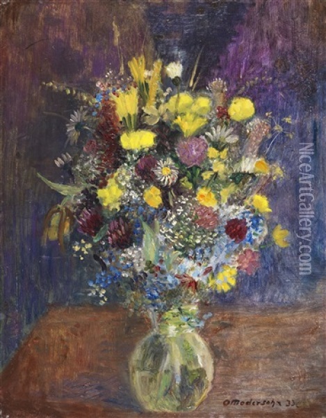 Blumen Vor Blaugetontem Grund Oil Painting - Otto Modersohn