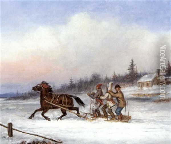 Habitants Racing In A Horsedrawn Sleigh Oil Painting - Cornelius David Krieghoff