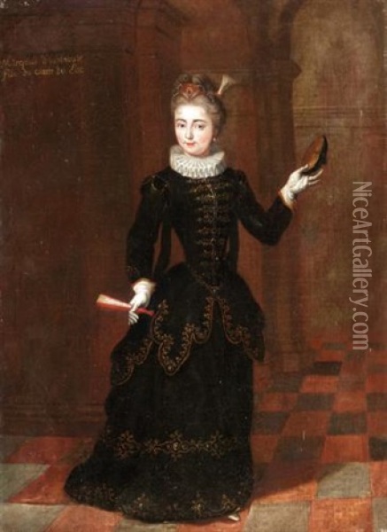 Portrait Of A Lady, Full Length, Wearing A Black Dress And Holding A Fan (the Marchioness D'espinouse?) Oil Painting - Pierre Gobert