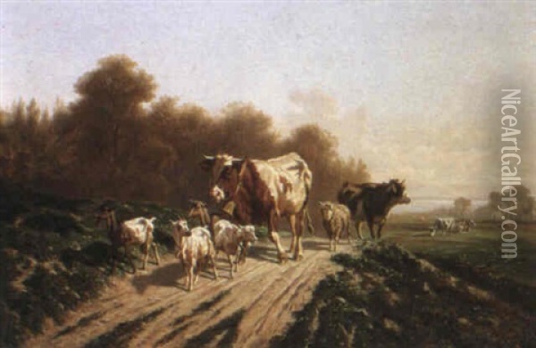 Rentree Des Vaches Et Moutons Oil Painting - Charles (Jean-Ch. Ferdinand) Humbert