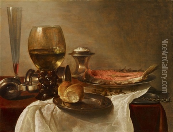 Still Life With Glasses, Bread, And Salmon Oil Painting - Cornelis Cruys