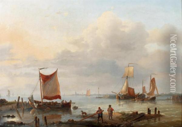 Fishermen At The Harbour Entrance Oil Painting - Louis Verboeckhoven