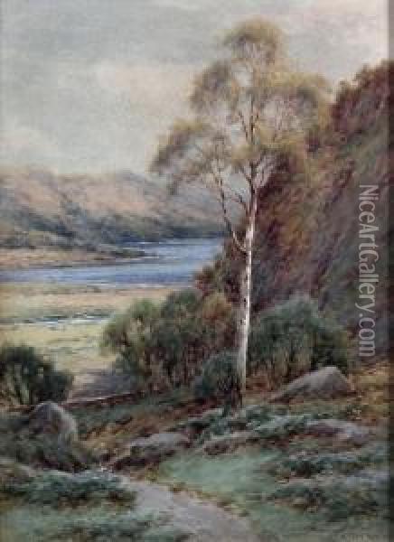 Rural Scene Looking Towards Lake Oil Painting - Harry James Sticks
