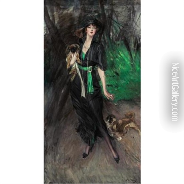 Portrait Of A Lady, Lina Bilitis, With Two Pekinese Oil Painting - Giovanni Boldini