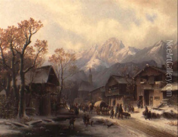 Villagers In An Alpine Landscape Oil Painting - Anton Doll