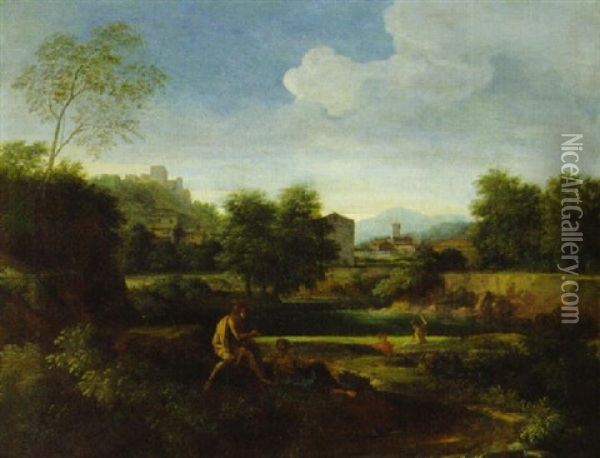 An Italianate Landscape With Figures By A Pool Oil Painting - Gaspard Dughet