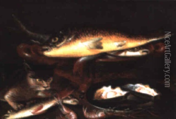 Chat Et Poissons Oil Painting - Clara Peeters