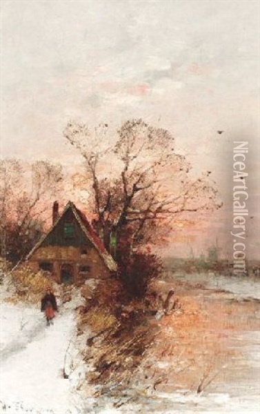 Winterlandschaft Mit Bauernkate An Einem Fluslauf Im Abendrot Oil Painting - Heinz Flockenhaus