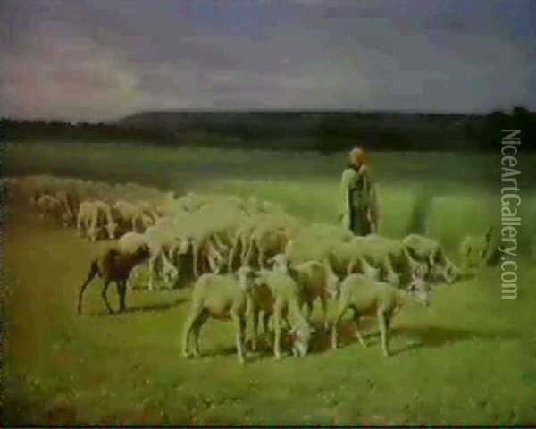 Bergere Et Les Moutons Dans La Plaine Oil Painting - Jean Ferdinand Chaigneau