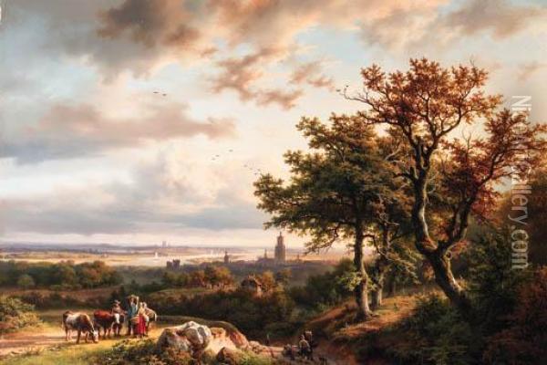 A Panoramic Rhenish Landscape With Peasants Conversing On A Trackin The Morning Sun Oil Painting - Barend Cornelis Koekkoek