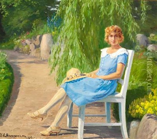 Young Woman In A Light Blue Summer Dress In The Park Oil Painting - Hans Andersen Brendekilde