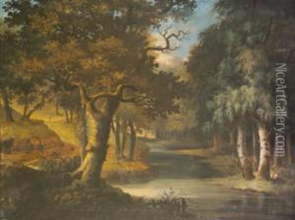 Wooded Landscape With Stream, Figures On A Path Oil Painting - George Cuitt