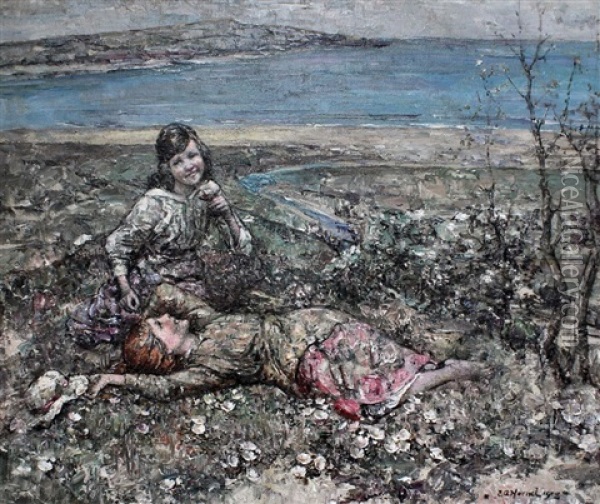 At Brighouse Bay - Two Young Girls On A Flower Covered Bank With Bay To Background Oil Painting - Edward Atkinson Hornel