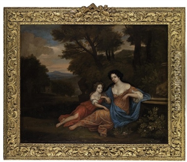 Portrait Of Two Ladies In A Landscape Oil Painting - Jan Verkolje the Elder