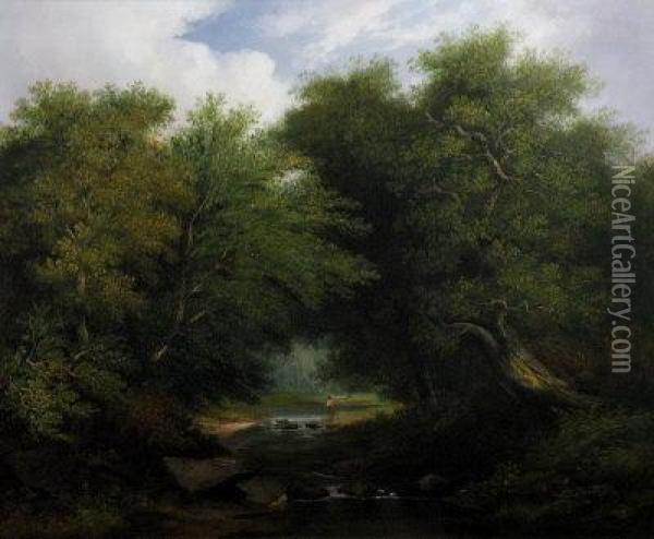 An Angler In An Extensive Wooded River Landscape Oil Painting - James Arthur O'Connor