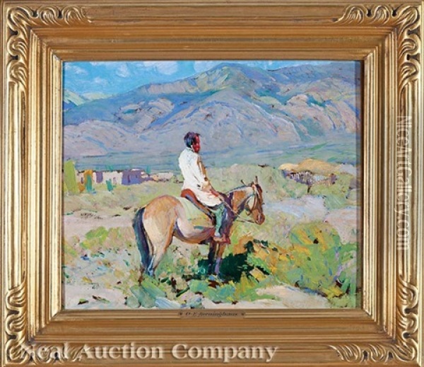American Indian On Horseback, Taos Oil Painting - Oscar Edmund Berninghaus