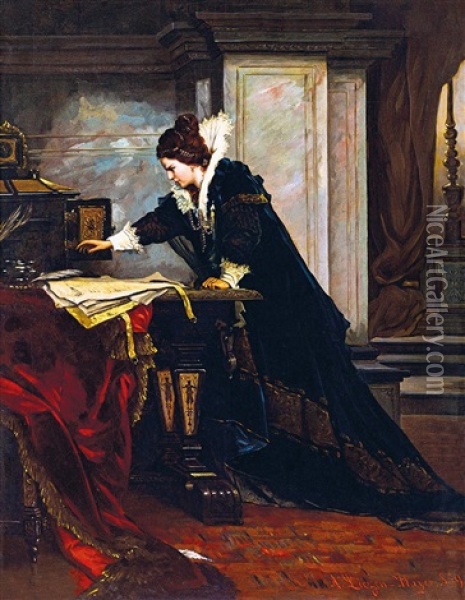 Queen Elisabeth Signing The Death Sentence Of Mary Stuart, 1879 Oil Painting - Alexander von Liezen-Mayer