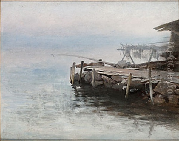 Studie Av Brygga Vid Stilla Vatten Oil Painting - August Vilhelm Nikolaus Hagborg