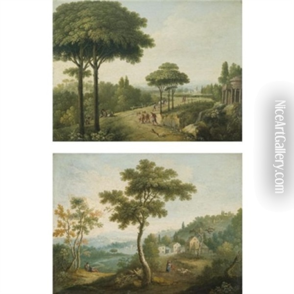 Italianate Landscapes With Travellers On Roads (pair) Oil Painting - Carlo Labruzzi