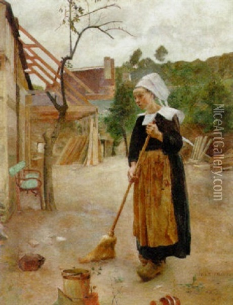 A Woman Sweeping Oil Painting - Hugo Poll