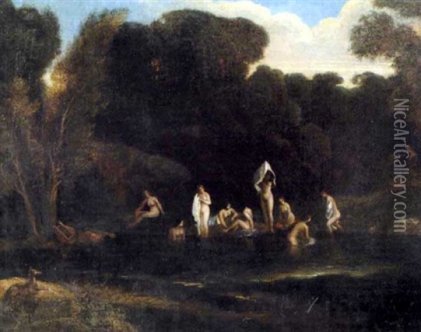 Bathers In An Italian Landscape Oil Painting - Gaspard Dughet