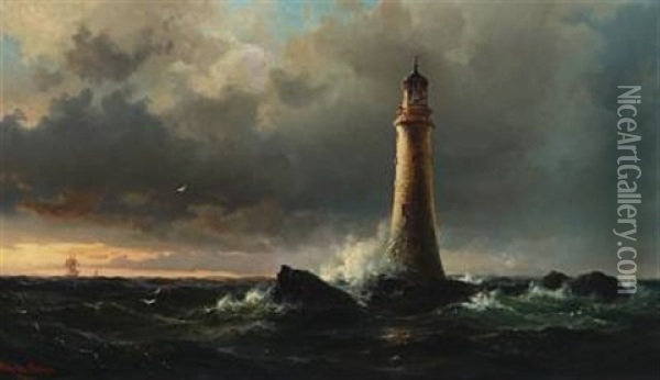 Marine With Edystone Lighthouse And Sailboats Oil Painting - Vilhelm Melbye