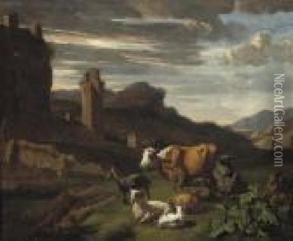 A Wooded Landscape With Cattle And Sheep Oil Painting - Willem Romeyn