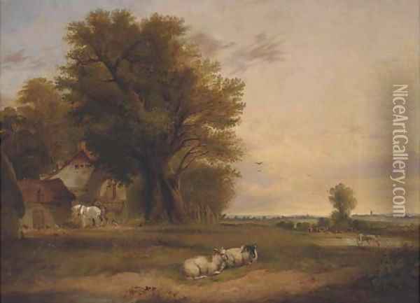 Sheep and cattle in a summer landscape Oil Painting - Edward Charles Williams