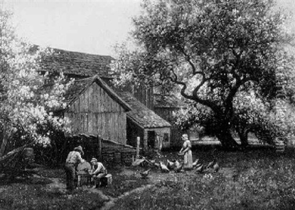 Spring Chores, A Farm Scene Oil Painting - Charles Grant Beauregard