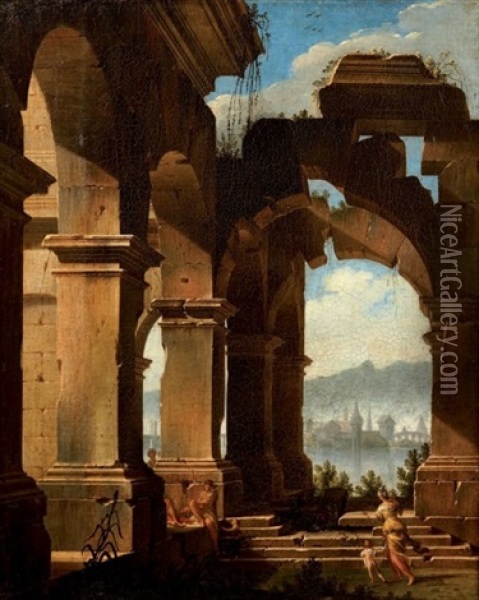 Ruines Romaines Au Bord D'un Fleuve Oil Painting - Viviano Codazzi