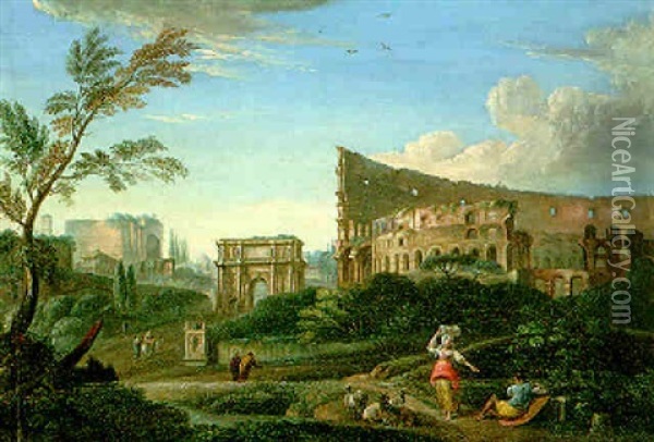 Figures Before The Colosseum, Rome Oil Painting - Hendrick Frans van Lint