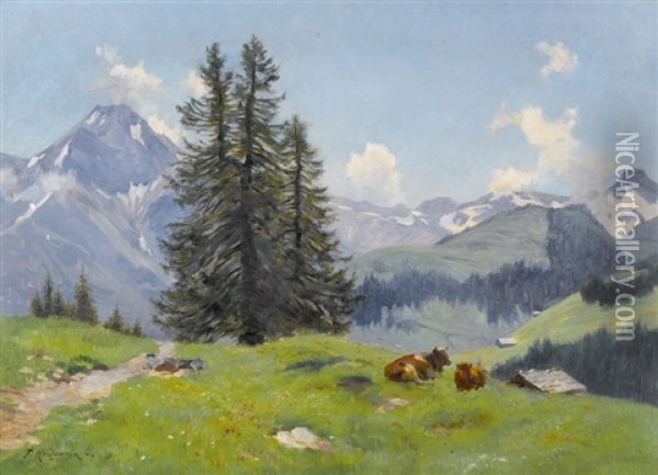 Weidende Kuhe Bei Adelboden Oil Painting - Fritz Huguenin