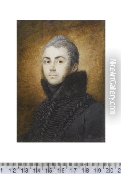 The Duc D'enghien (1772-1804), Wearing Black Coat Dressed With Lace, Fur Standing Collar And Black Stock Oil Painting - Jean Francois Marie Villiers-Huet