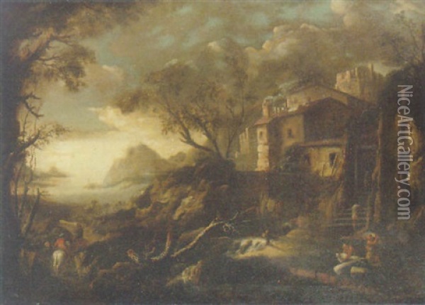 A Mediterranean Landscape With Workmen Near A Walled Village Oil Painting - Johann Anton Eismann