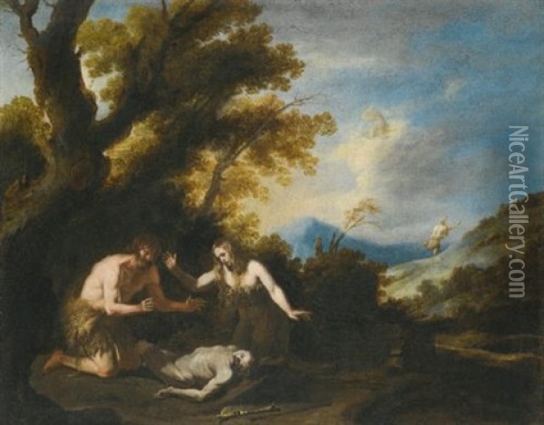 Landscape With Adam And Eve Lamenting Over The Body Of Abel Oil Painting - Agostino Beltrano