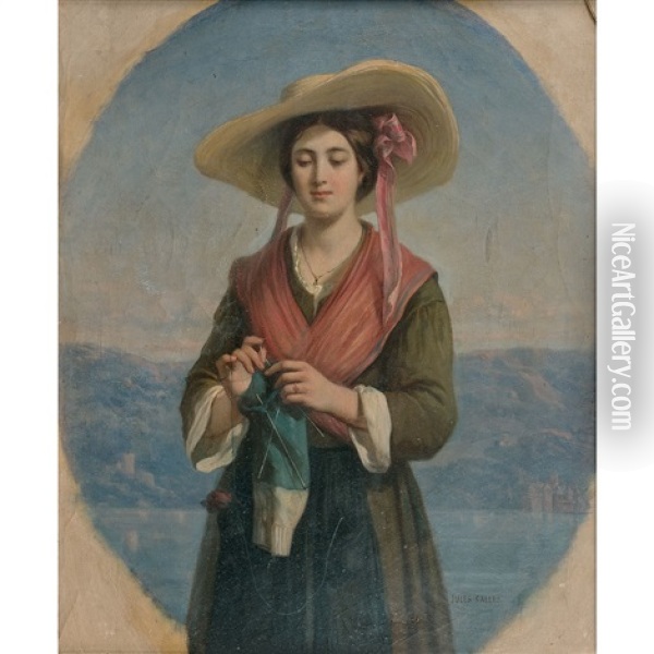 Jeune Femme Tricotant Devant Un Lac Dans Un Ovale Peint Oil Painting - Jules Salles-Wagner