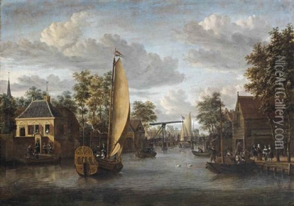 A View Of The River Oude Rijn In Alphen Aan Den Rijn, With An Elegant Company In A Yacht And Other Figures Strolling Along The River And On Boats Oil Painting - Jacobus Storck