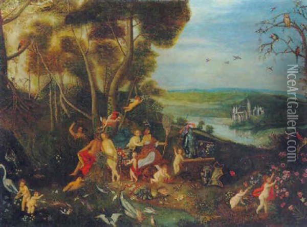 Paysage Fantastique Avec Animaux Et Amours Oil Painting - Jan van Kessel the Elder