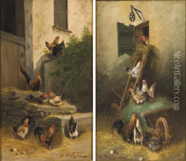 Poules Dans Une Basse-cour (pair) Oil Painting - Jules Bahieu